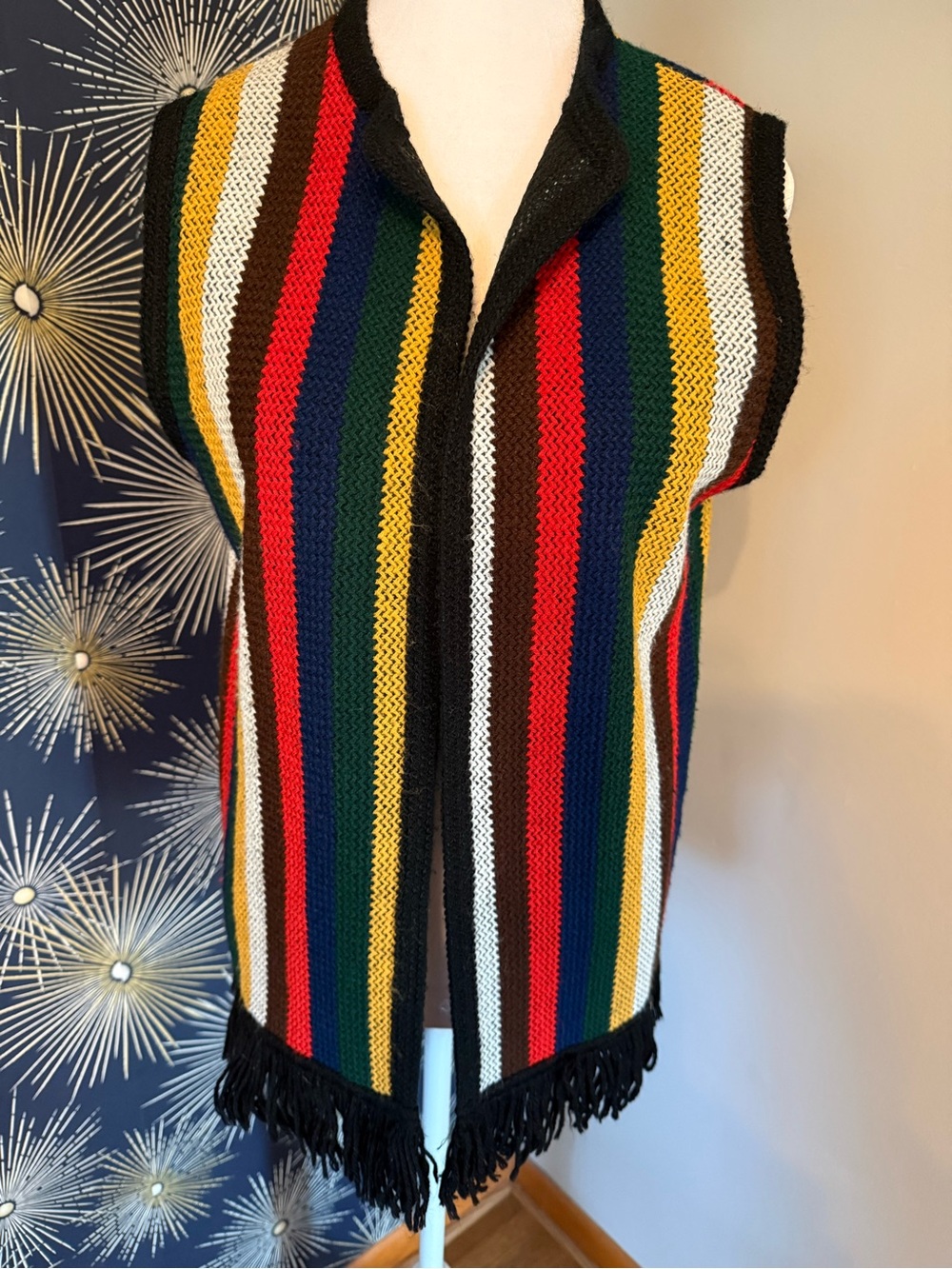 Vintage 70s Sears Vertical Rainbow Striped Knit Sweater Vest Open Front Fringe